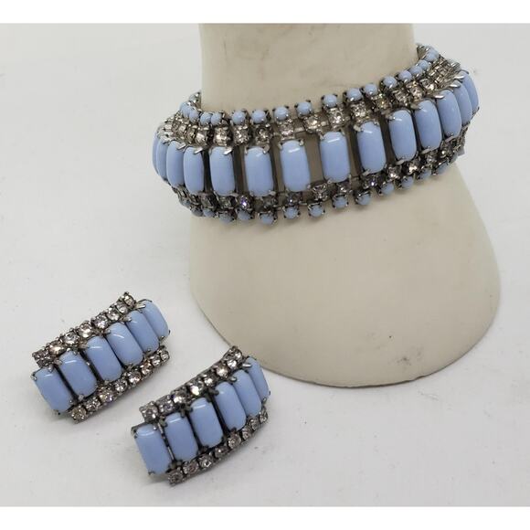 Vintage Blue Milk Glass Rhinestone Bracelet Clip On Earrings Set 1950s Milkglass - Picture 1 of 6